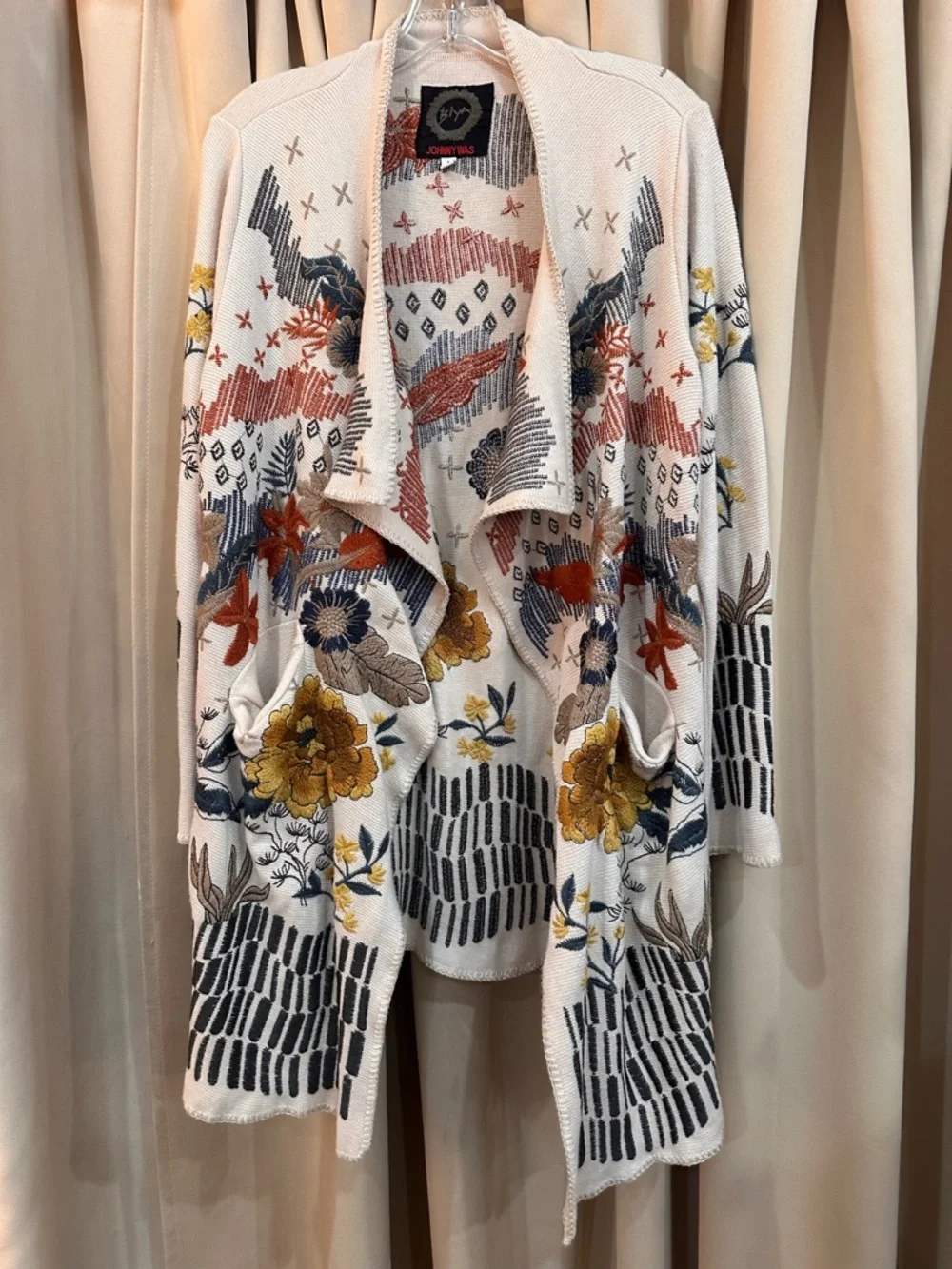Johnny Was Cream Floral & Abstract Open Cardigan with Pockets - Picture 3 of 6